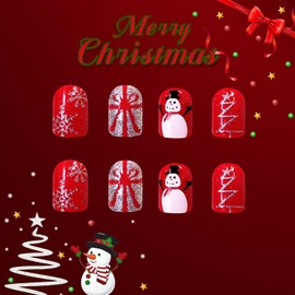24Pcs Christmas Press on Nails Short Square Cute Snowman Fake Nails with Glitter Xmas Tree Design Glue on Nails Snowflake Nails Full Cover Artificial Red False Nails Winter for Women Manicure Decor