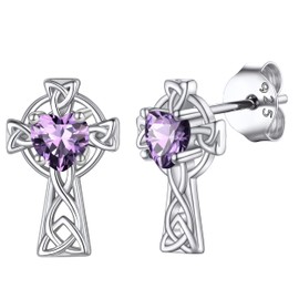 February Birthstone Hypoallergenic Purple Earrings Studss Sterling Silver Celtic Cross Earrings