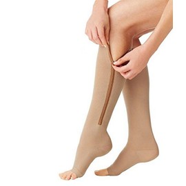 Runee Zipper Compression Sock Open Toe Knee Length Leg Calf Support (L/XL, Beige)