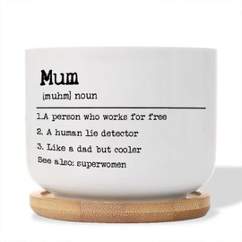 DecStic Mum Definition Planter Ceramic Inspirational Positive Round Flower Pots with Drainage Holes and Bamboo Tray Pot for Home Office Decoration