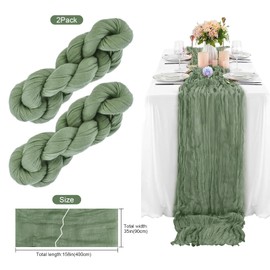 Table Runner Sage Green Eucalyptus Cheesecloth Boho Pack of 2 Washable Cheesecloth Communion Wedding Baby Shower Table Decoration Bow Drape 158 Inches 400 x 90 cm (Sage Green)