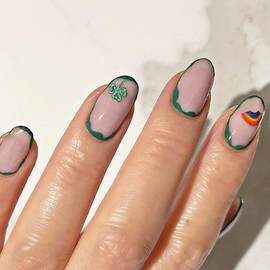 St. Patrick's Day Press on Nails Short, French Green Tips Shamrock Fake Nails with Rainbow Design Oval Nails for Women Holiday Acrylic False Nail Kits Static Stick on Nails Reusable Full Cover 24Pcs