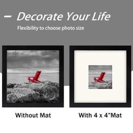 Black 8x8 (20x20 cm) Photo Frames Display 4x4 Pictures - Square Classic Solid Wood Frames for Wall Mount and Tabletop 2 Pack