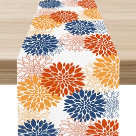 Boho Floral Table Runner, Geometric Floral Blue Red Yellow Dahlia Flower Vibrant Rustic Spring Modern Farmhouse Kitchen Dining Table Scarf for Holiday Kitchen Living Room Home Party Decor 13"x36"