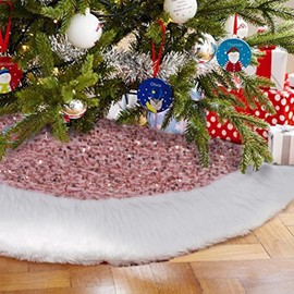 GOONAVI Christmas Tree Skirt 48 Inch Pink Sparkly with Faux Fur Plush Christmas Decorations Tree Base Mat Thick Velvet Rugs for Holiday Home Decor Party Xmas