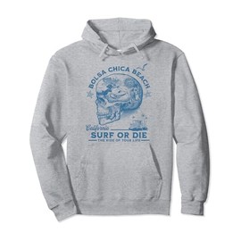 Bolsa Chica Beach Surfing Girl Pacific Ocean Surf Board Men's Pullover Hoodie, gray