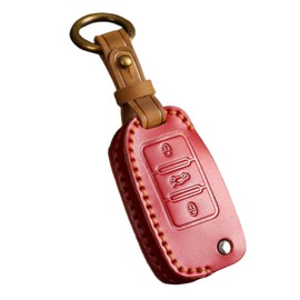 Happyit Leather Car Key Cover Case Holder Fob for Volkswagen VW Bora Polo Tiguan Jetta Passat B5 B6 B7 Golf Beetle 3 Buttons (Red)