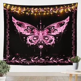 Feelyou Boho Pink Butterfly Wall Tapestry Bohemian Moth Tapestry for Kids Boys Girls Moon Galaxy Tapestry Wall Hanging Black and Pink Wall Art for Bedroom Living Room,Small 51X59 Inches