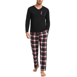 Uniexcosm Mens Pyjamas Set, Pjs for Men Sets Long Sleeve Top & Checked Pants with Pockets Mens Winter Sleepwear Loungewear Nightwear Set for Home Casual Black