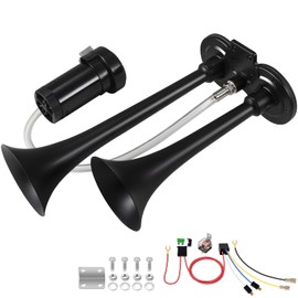 BANHAO Train Horn for Truck 150db Super Loud Truck Air Horn for Car with Compressor, Suitable for Any 12V Vehicles Train Car Ship Boat Lorry (12V, Black 2 tube horns with wire)
