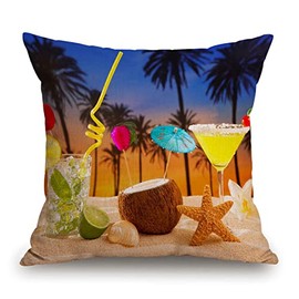 Decorative Throw Pillow Cover,Beach Cocktail Sunset on Palm Tree Sand Mojito Margarita Coconut Cotton Linen Throw Pillow Case Cushion Cover Home Décor Sofa Decorative Pillow 18 X 18 Inch