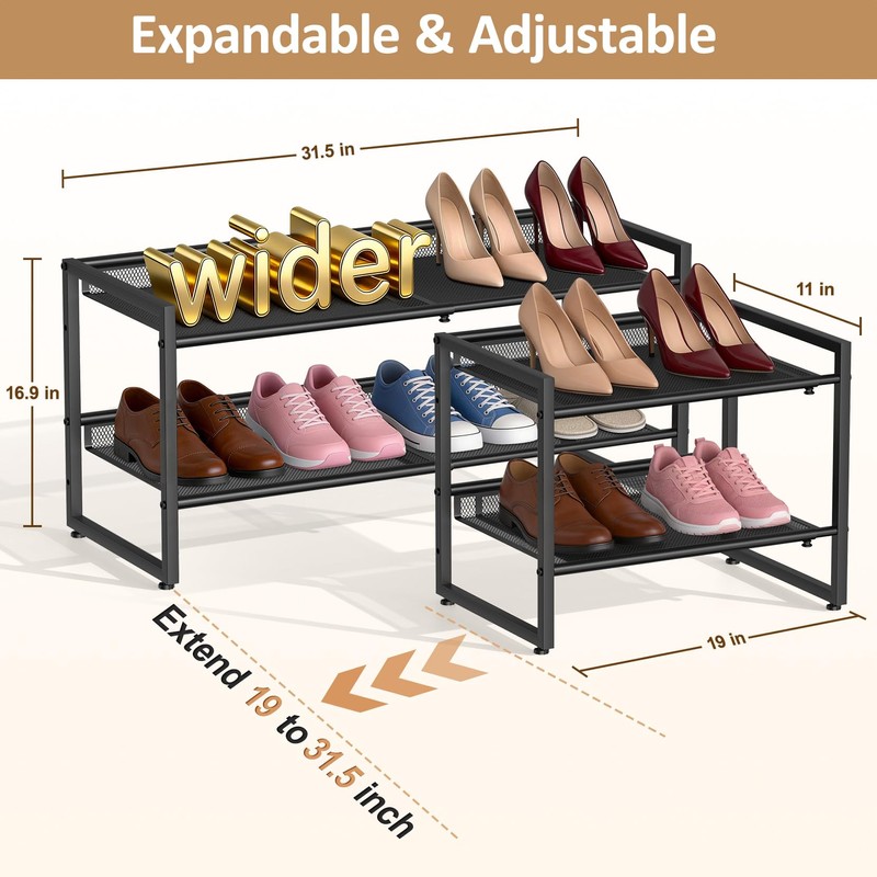 Expandable Shoe Rack, 2 Tier Adjustable Shoe Organizer with Flat