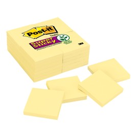 Post-it Super Sticky Notes, 3x3 in, 24 Pads, 2x the Sticking Power, Canary Yellow, Recyclable (654-24SSCY)