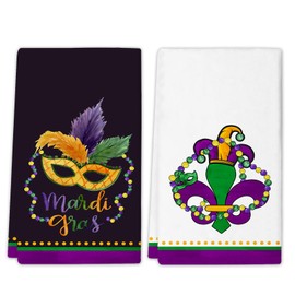 Qilerongrong Mardi Gras Kitchen Dish Towels, Fleur De Lis Mask Dishcloth, 2 Pack Carnival Hand Towels, 18x26 Inch Tea Towels Holiday Decoration for Bathroom Kitchen Cooking Baking