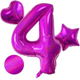 Laser Hot Pink Number 4 Balloons, 40 Inch Giant Pink Number Balloons Nylon Helium Hot Pink Number 4 Balloons for 4th Birthday Party Supplies Anniversary Event Celebration Decorations