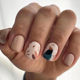 Square Press on Nails Short False Nails Press ons Gold French Tip Glue on Nails with Patterns Khaki Foliage Design Fake Nails Glossy Artificial Stick on Nails for Women Girls 24Pcs