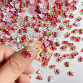 150Pcs Cherries Nails Charms Red Mini Cherry Nail Charms and Gems Cute 3D Red Cherry Nail Rhinestones with Green Leaves Fruit Design Resin Nail Art Jewelry Nail Supplies for Women Manicure DIY Crafts