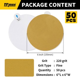 TPmax 6-Inch 220-Grit Gold PSA Sanding Discs, 50 Pack – Pro-Grade Self-Adhesive Stickyback Sandpaper with Quick-Release Tabs for DA Sander, Fine Automotive/Wood/Metal Sanding