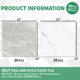 40-Pack Peel and Stick Tile Vinyl Floor Glossy 12x 12 inch, Waterproof Stick on Tiles for Bathroom, Kitchen, Dining Room, Cover 40 Sq. Ft, Light Grey&White Marble (20 per Color)