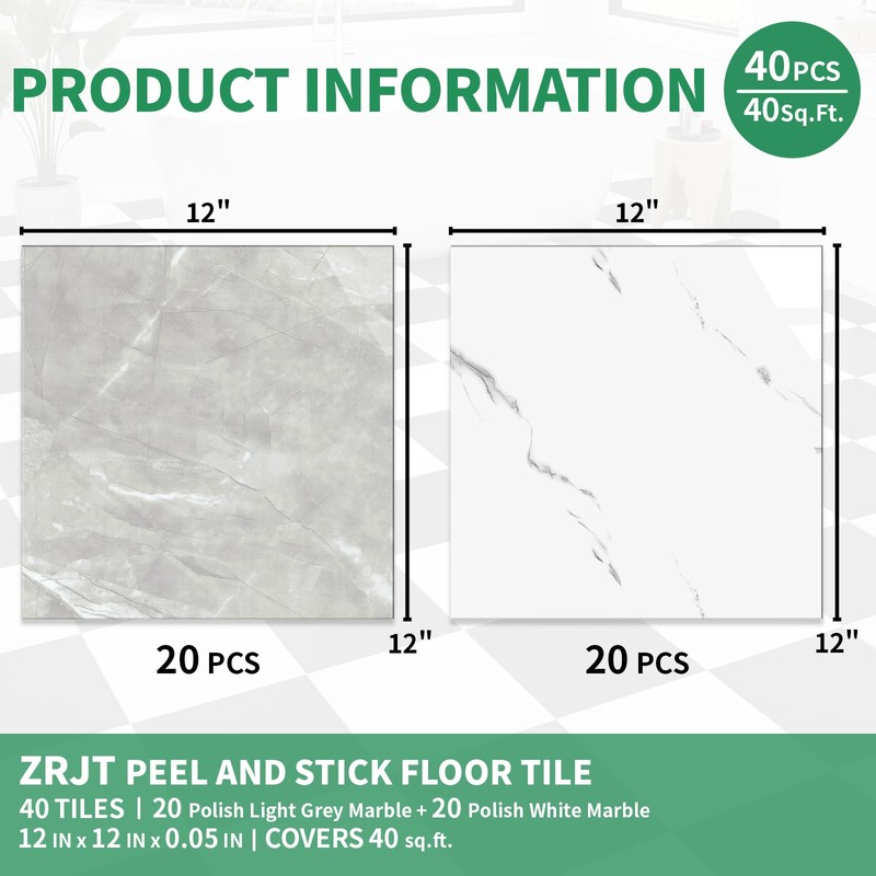 40-Pack Peel and Stick Tile Vinyl Floor Glossy 12x 12