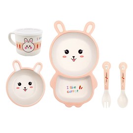 Fekdod Bamboo Kids Dinnerware Set 5 Pcs Includes Plate Bowl Cup Fork Spoon Perfect for Kids BPA-Free (Rabbit)