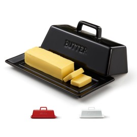 Butter Dish with Lid for Countertop, by Kook, Ceramic Butter Dish, Butter Tray with Cover, Kitchen Butter Keeper, Butter Container, Butter Holder, Holds 1 Stick, Microwave and Dishwasher Safe, Black