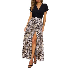Newshows Women 2025 Summer Dress Casual Vacation Short Sleeve V Neck Spring Boho Split Beach Flowy Sundress Trendy(Black Leopard Print,S)