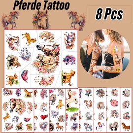 zycBernoi Horse Glitter Tattoos for Kids 8 Sheets, Horse Temporary Tattoos for Kids, Waterproof Tattoos Stickers Gifts Party Decorations Girl, Horse Themed Decorations Birthday Supplies
