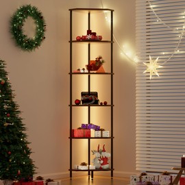 QLSPTFTS 6 Tier Corner Shelf with LED Light,Tall Standing Shelf Organizer,Narrow Bookshelf,The Classic Combination of Rustic Brown and Black Standing Bookcase,Suitable for Bedroom,Living Room,Kitchen