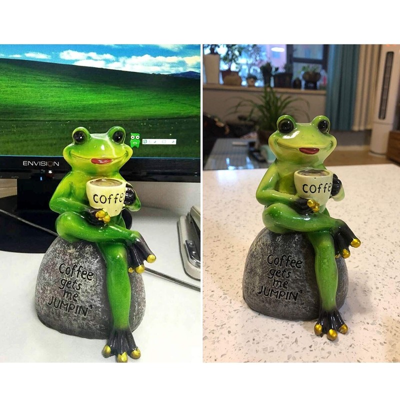 OwMell Frog Statue for Garden, Drinking Coffee Green Frog Figurine