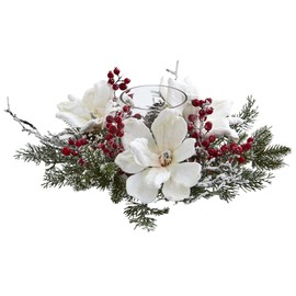 Nearly Natural Artificial White Green 1 Frosted Magnolia and Berry Candelabrum