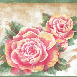 CONCORD WALLCOVERINGS ™ Wallpaper Border Floral Pattern Roses Leaves Ribbons for Cottage Bedroom Living Room, Pink Green Beige, 15 ft by 7 in HHB530923
