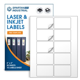Spartan Industrial Printable Laser and Inkjet Labels - 3" X 2" White Name Tag Labels - 30 Sheets, 300 Total Labels for Postage and Shipping, Product Labeling, and More