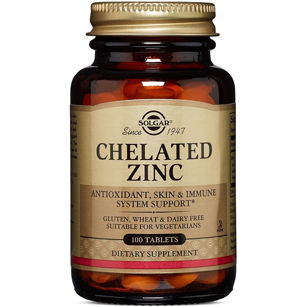 Solgar Chelated Zinc, 100 Tablets - Zinc for Healthy Skin - Supports Cell Growth & DNA Formation - Exerts Antioxidant Activity - Supports A Healthy Immune System - Non GMO, Gluten Free - 100 Servings