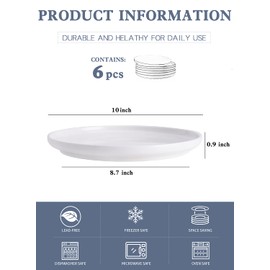Kanwone Porcelain Dinner Plates - 10 Inch - Set of 6, White, Microwave and Dishwasher Safe Plates, White Dishes, Morden Plates