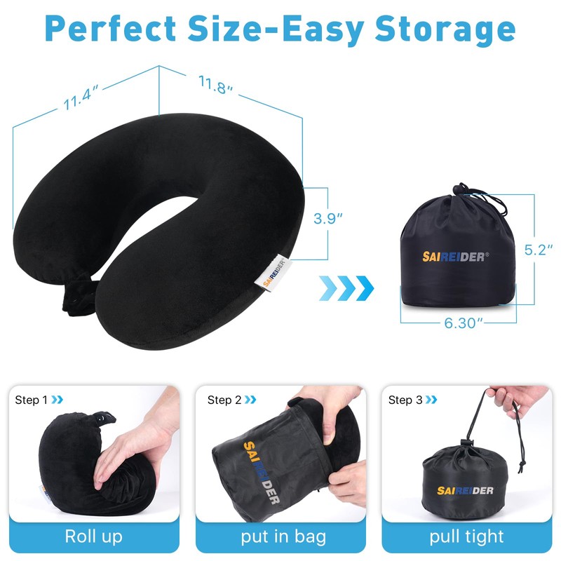 SAIREIDER Neck Pillows for Travel 100% Memory Foam Adjustable Travel