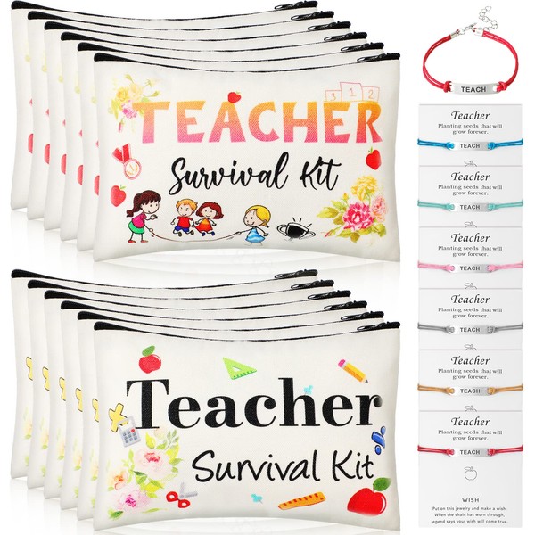 Frienda Juego de 24 piezas de regalo de agradecimiento para profesores, 12 kits de supervivencia para profesores 12 pulseras de tarjetas de bendición para profesores (lindo, 7.9 x 5.3 pulgadas)
