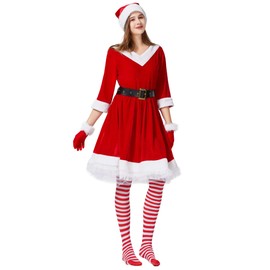 Kofero Mrs. Claus Costume for Women Christmas Santa Costume Dress Adult Plus Size Miss 5PCS Red Cosplay Outfit Xmas Party