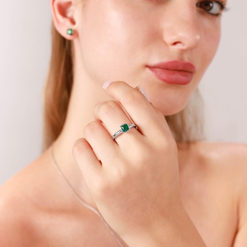 Cushion Cut Synthetic Blue Sapphire 925 Sterling Silver Stack/Stackable Solitaire