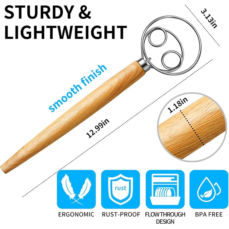 Danish Dough Whisk with Wooden Handle, Stainless Steel, for Bread,