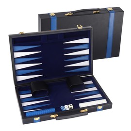 GSE Games & Sports Expert Premium Leather Backgammon Board Game Set, Classic Backgammon Game Set with Leather Case, Travel Folding Board Game (Black&Blue, Large)