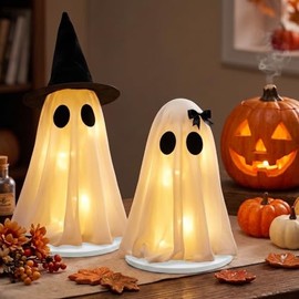 2 Piezas Fantasmas espeluznantes DIY, Include Fantasma con Sombrero y Fantasma con Pajarita, Funciona con Pilas,Decoraciones de Halloween para Estante de Chimenea y Mesa del hogar Interior