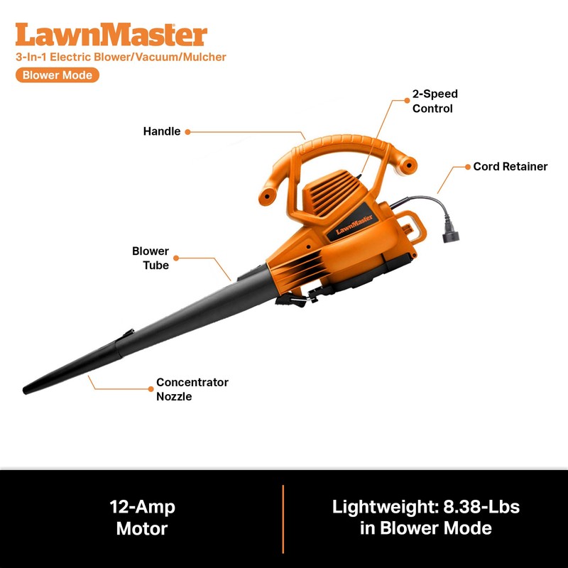 LawnMaster BV1210 Electric Blower Vacuum Mulcher 12 Amp 2-Speed Adjustment