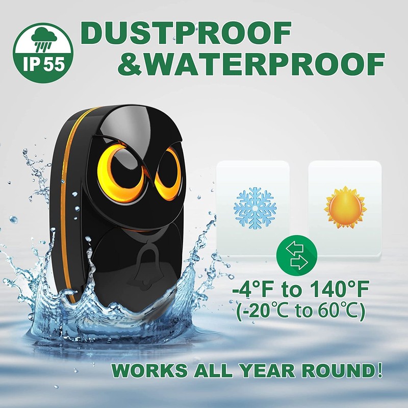 Wireless Doorbell, Cute Owl Doorbell Weatherproof IP55 Outdoor Remote Push