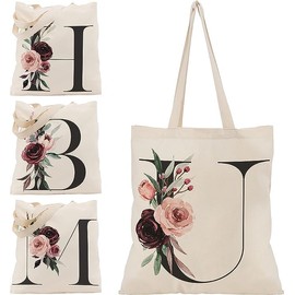 Floral Initial Canvas Bag Gifts for Women - 15"x16" Shoulder Tote Bags for Bridesmaids Hen Party Teacher Gift Shopping Bag C1 (Initial #U)