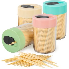 Urbanstrive Sturdy Safe Toothpick Holder with 1600 Natural Wood Toothpicks for Teeth Cleaning, Unique Home Design Decoration, 4 Pack, 4Color