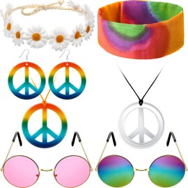 Hippie Costume Set, 8 Pieces Retro Dress Up for Men and Women, with Peace Sign Necklace and Earrings, Sunglasses, Sunflowers and Colourful Hippie Headband, 60s 70s Costume Accessories, rainbow