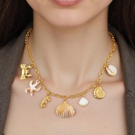 LCTrusttmor Gahna Sea Shell Necklace for Women, 18K Gold Plated Starfish Seahorse Crab Conch Charm with Adjustable Choker Necklaces for Women, Summer Beach Jewelry Gifts