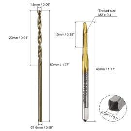 sourcing map Metric Tap & Drill Bit Set, 2pcs M2 x 0.4 Spiral Point Thread Taps Titanium Coated and 2pcs 1.6mm Twist Drill Bits Roasted Yellow, Screw Tapping Threading Tools