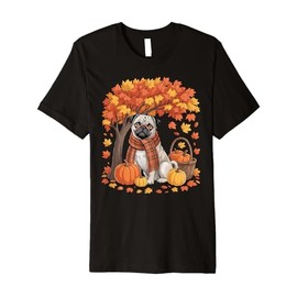 Pug Fall Scarf Pumpkin Autumn Leaves Thanksgiving Premium T-Shirt